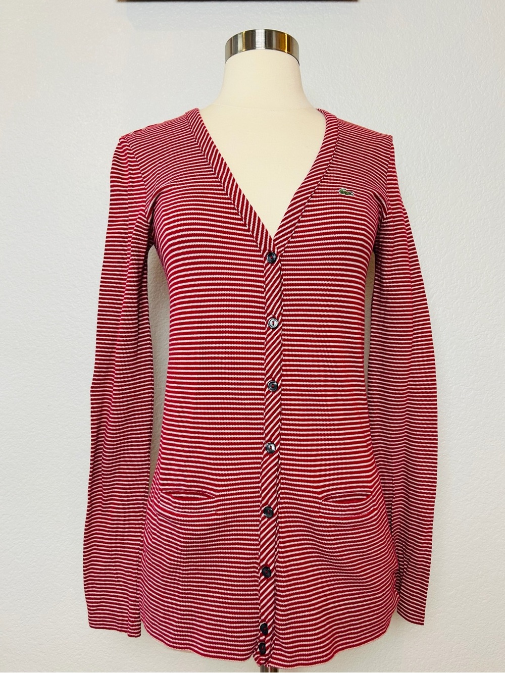 Lacoste Cardigan Womens 38/S Red White Striped Button Up Logo Long Sleeve Pocket